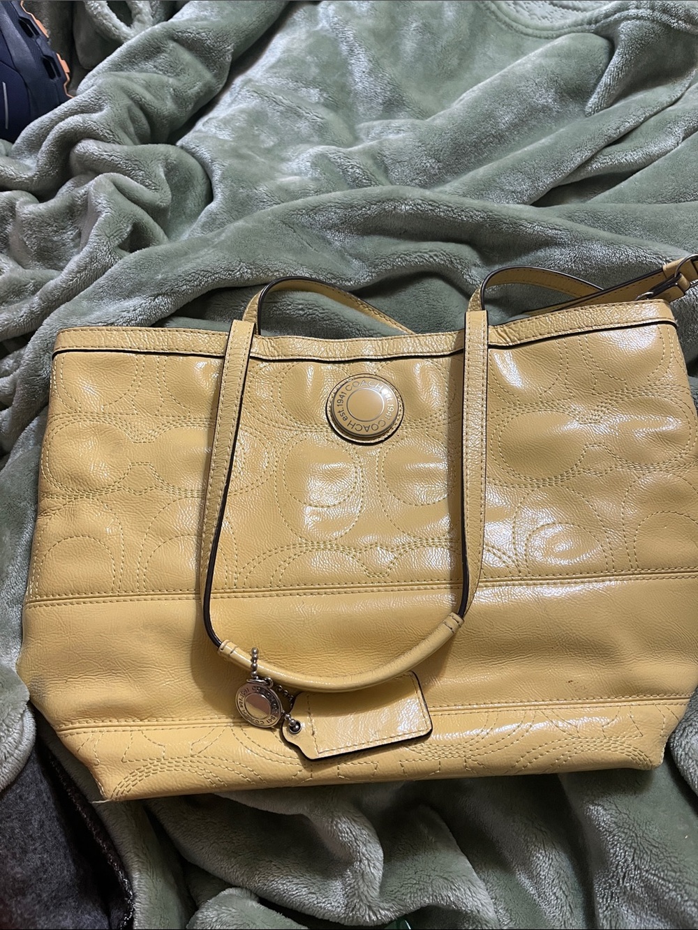 Coach Yellow Embossed Leather Tote with Logo Charm